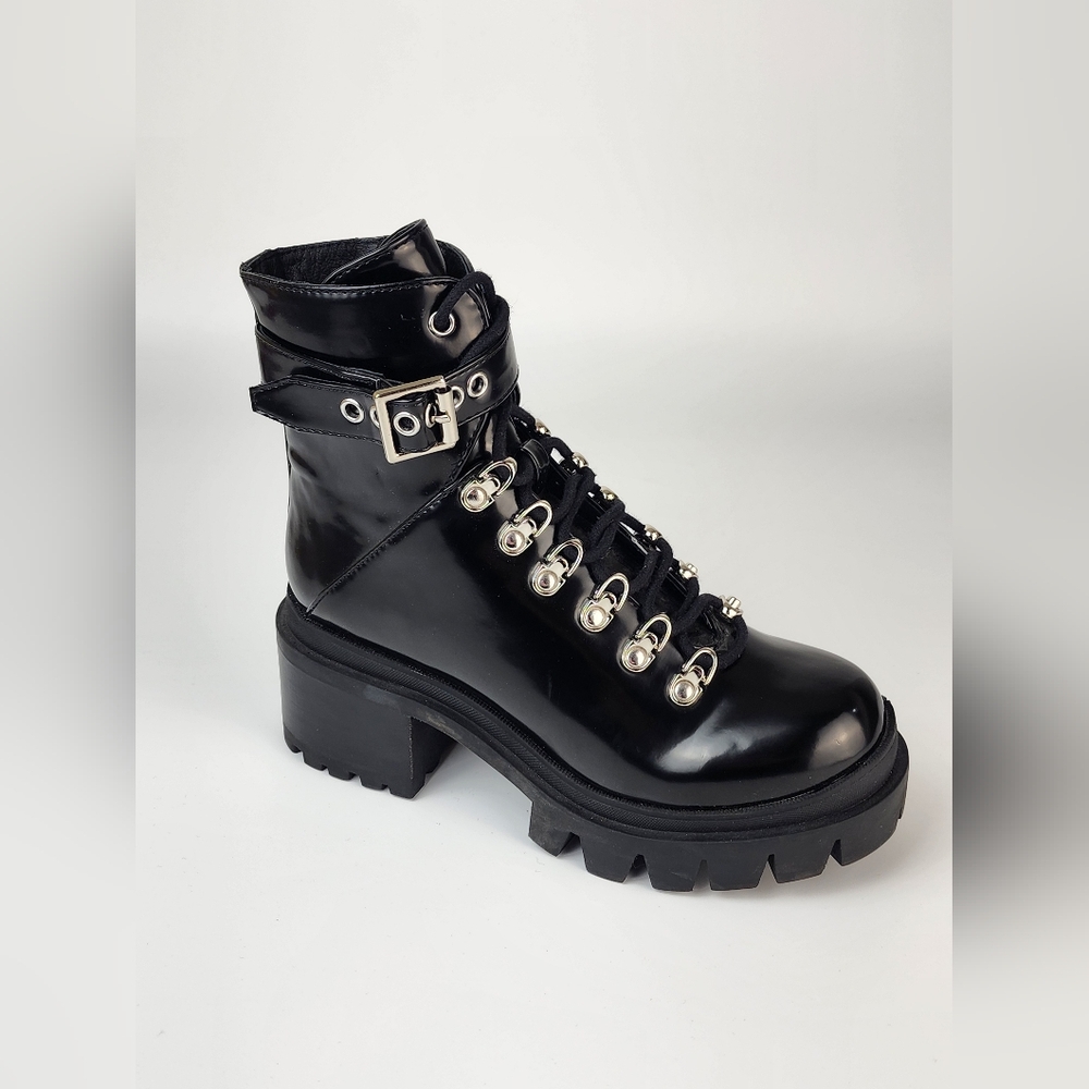 Jeffrey Campbell Czech Boots Black Moto Platform Chunky Lug Sole Combat Size 6